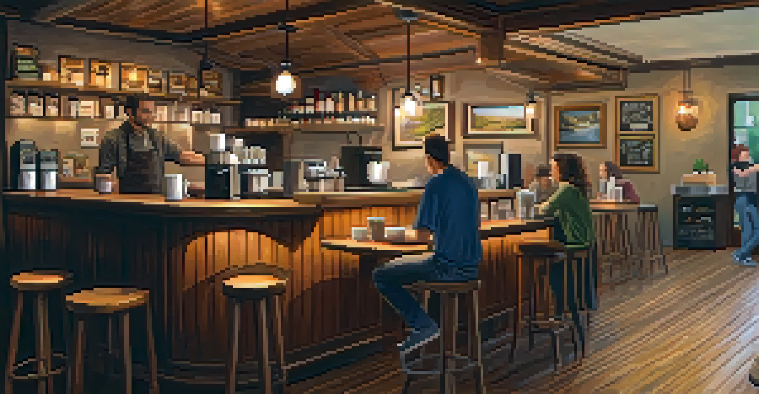 A cozy coffee shop with rustic decor, warm lighting, and patrons enjoying drinks, creating a welcoming atmosphere.