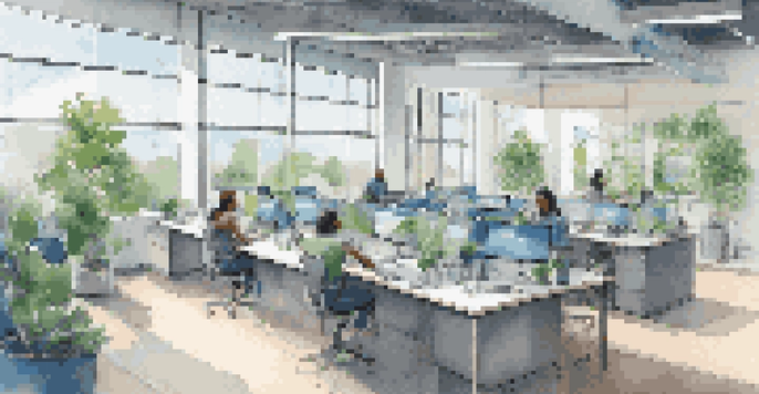 A vibrant tech startup office with diverse employees working together in an open space filled with natural light and plants.