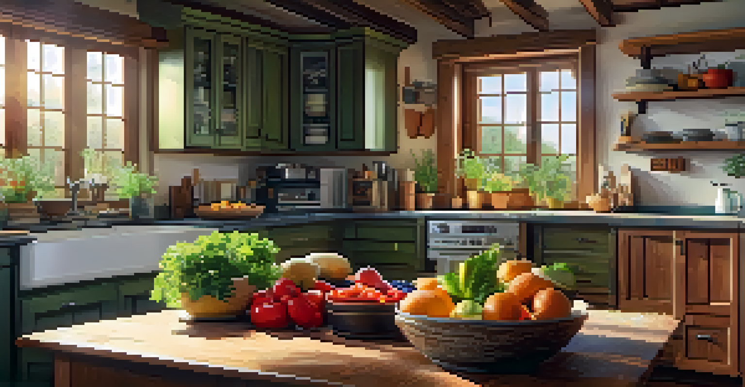A modern kitchen with rustic cabinets, fresh fruits, and vegetables, illuminated by sunlight.