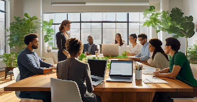 A diverse group of professionals discussing a financial roadmap in a bright office environment.