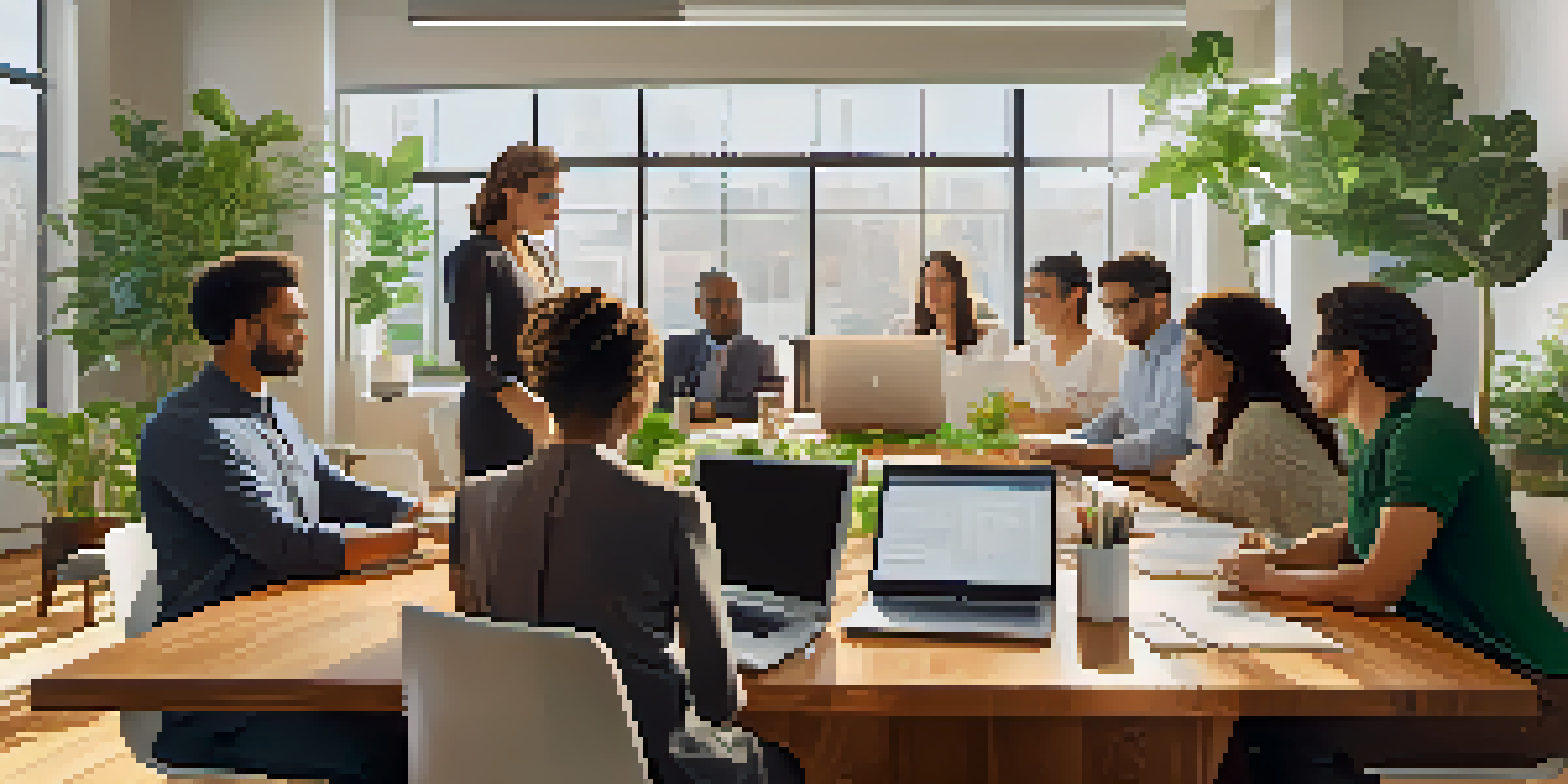 A diverse group of professionals discussing a financial roadmap in a bright office environment.