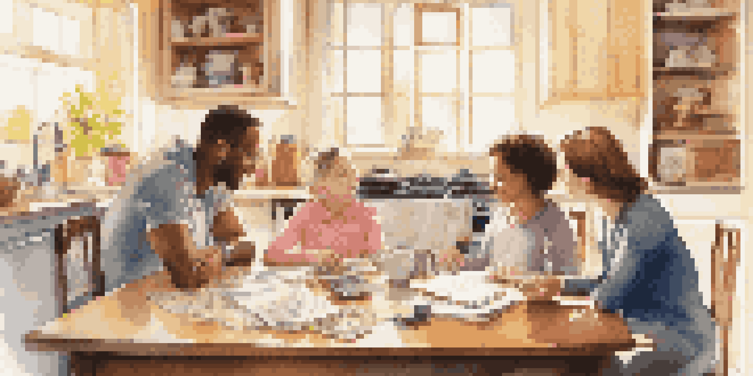 A family of four discussing their emergency fund at a kitchen table, with notebooks and a piggy bank visible.