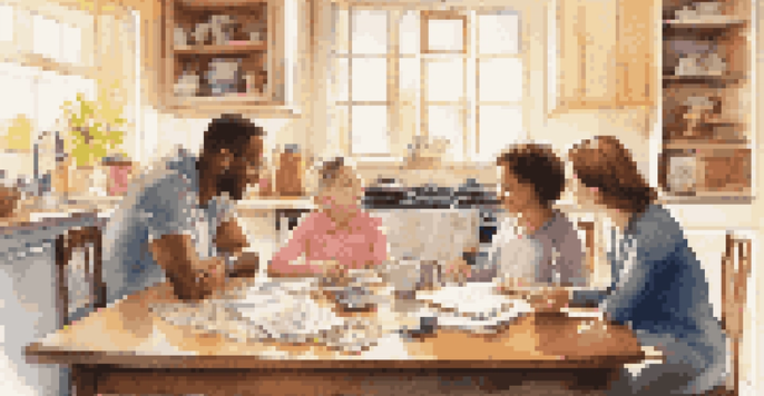 A family of four discussing their emergency fund at a kitchen table, with notebooks and a piggy bank visible.