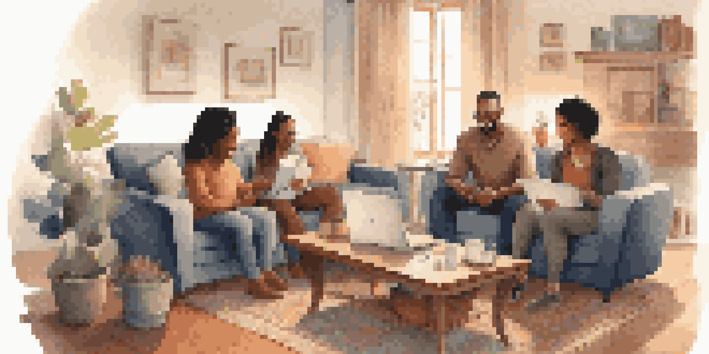 A diverse family in a cozy living room discussing budgeting, surrounded by finance books and a laptop.