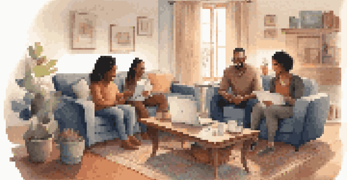 A diverse family in a cozy living room discussing budgeting, surrounded by finance books and a laptop.