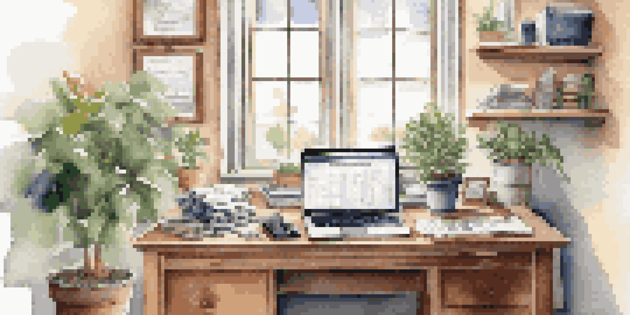 A cozy home office with a wooden desk, laptop, and organized financial documents illuminated by natural light.