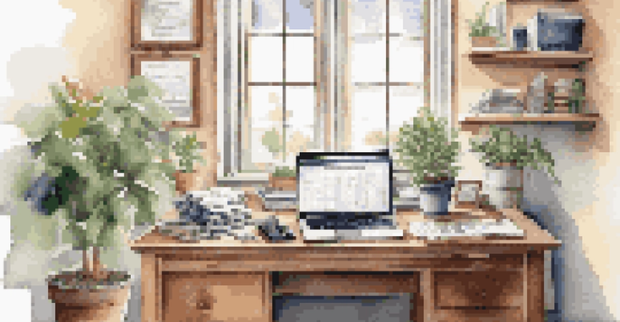 A cozy home office with a wooden desk, laptop, and organized financial documents illuminated by natural light.