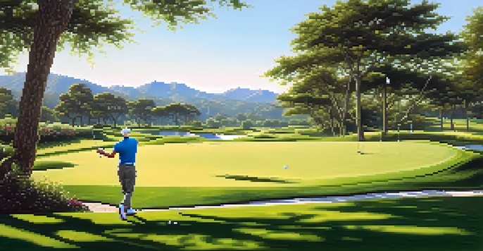 A beginner golfer swinging a club on a sunny golf course, with professional golfers visible in the background.