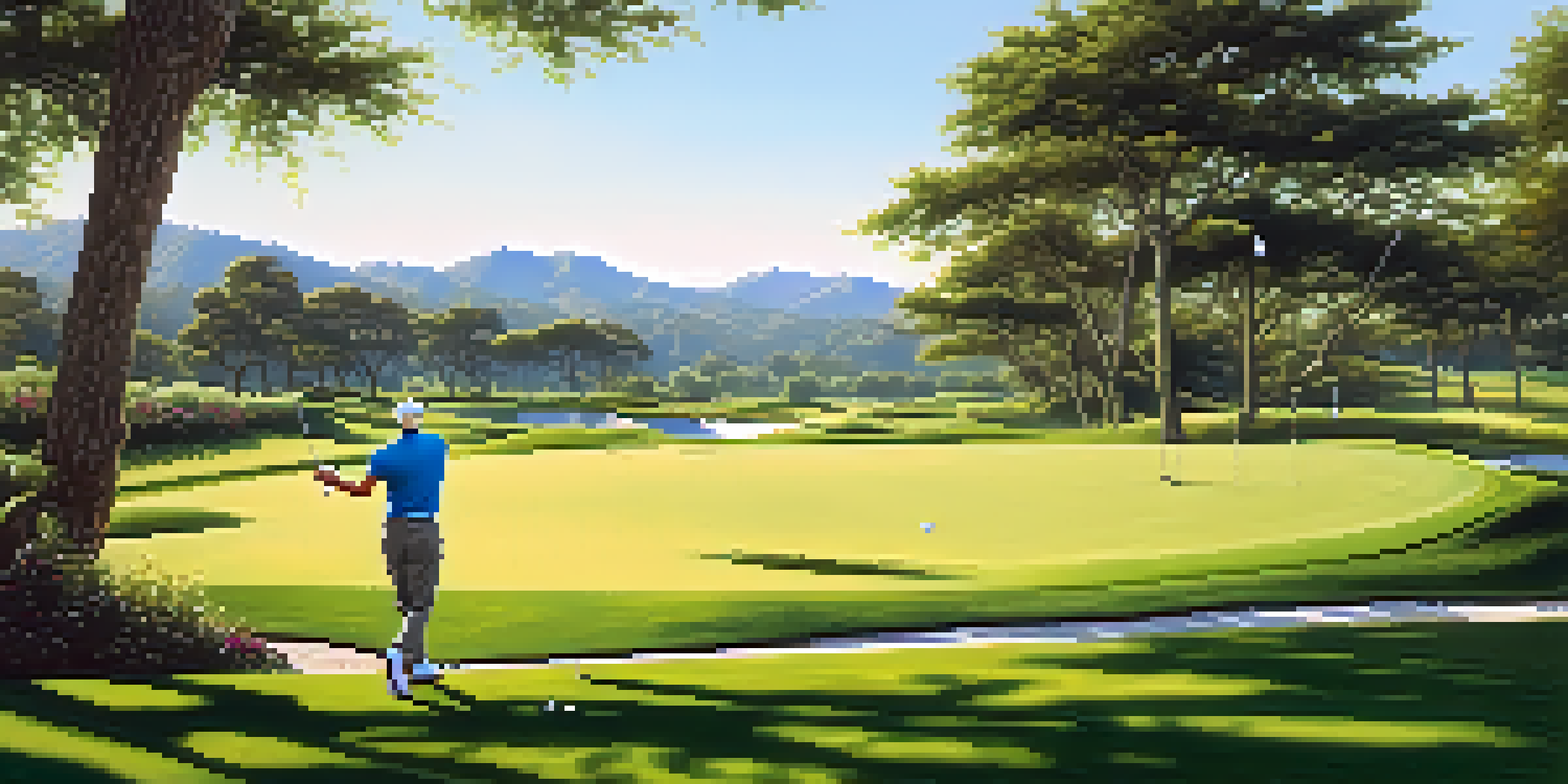 A beginner golfer swinging a club on a sunny golf course, with professional golfers visible in the background.