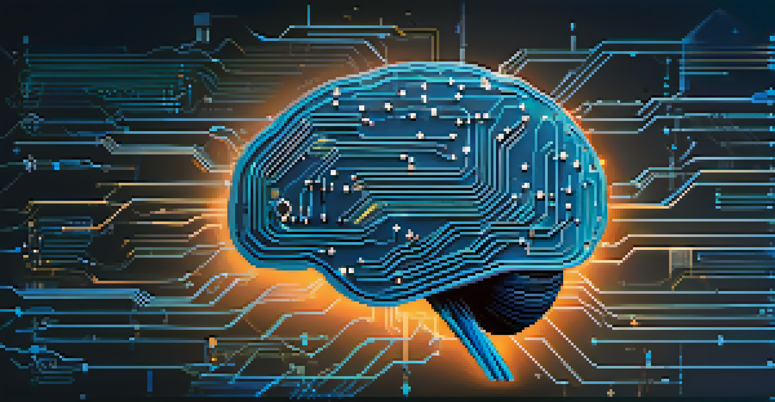 An abstract image of a circuit-board brain with data streams, representing the integration of technology and finance.