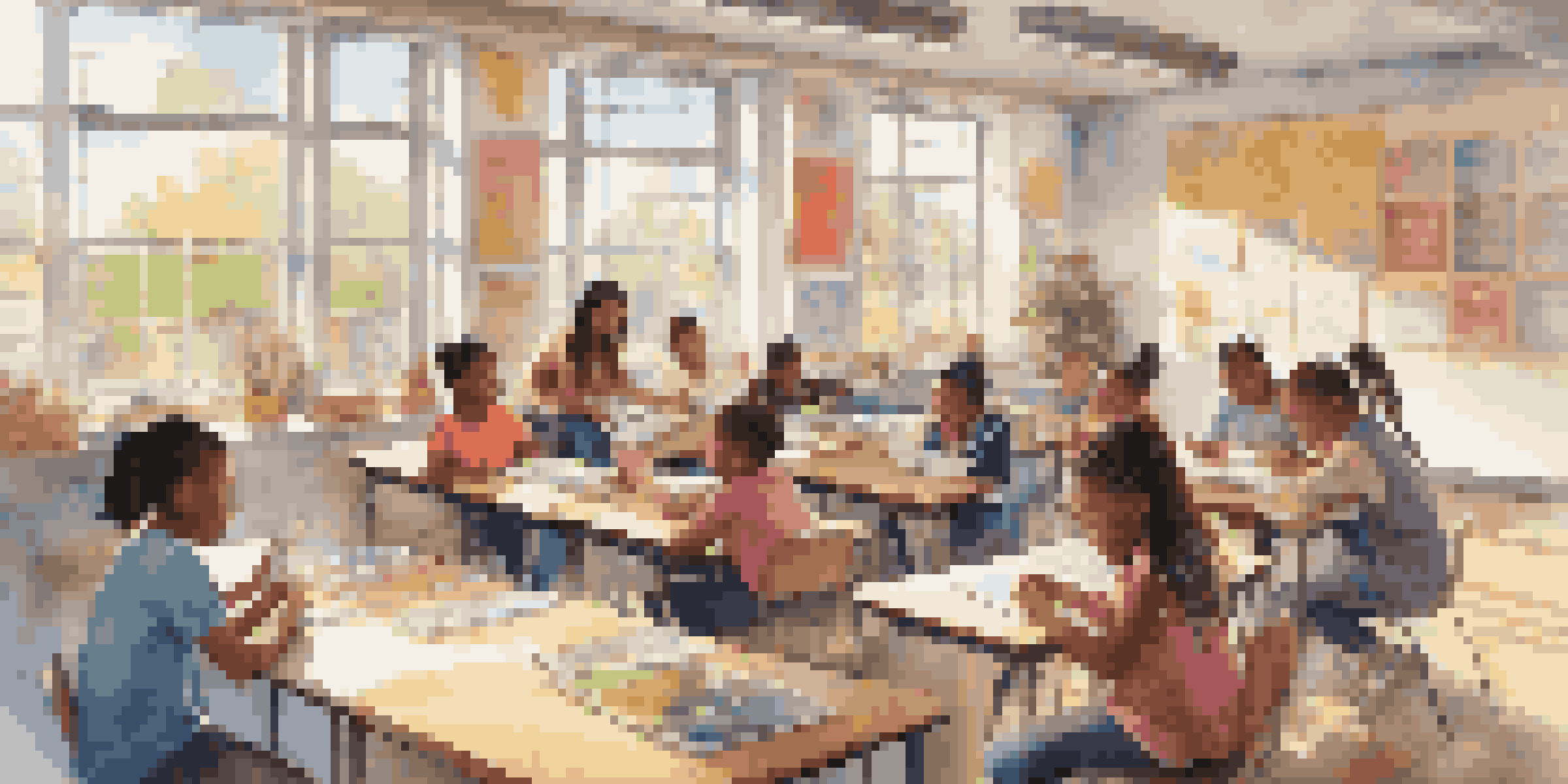 A bright classroom with diverse students collaborating on a learning activity at a round table, surrounded by educational posters and natural light.