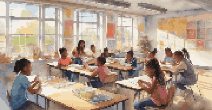 A bright classroom with diverse students collaborating on a learning activity at a round table, surrounded by educational posters and natural light.