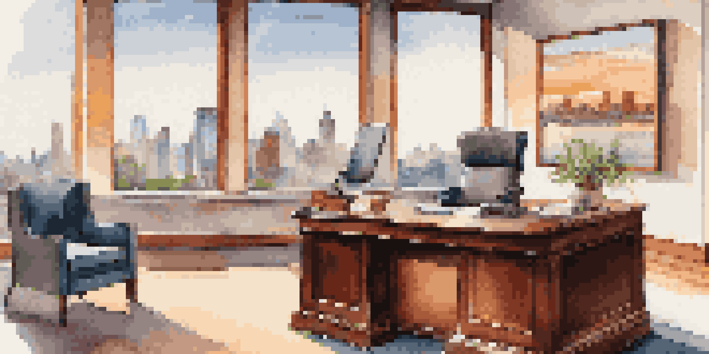 A financial planner's office with a wooden desk, charts on the walls, and clients discussing in a sunny environment.