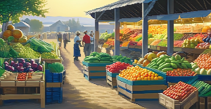 A farmer's market at sunrise with fresh fruits and vegetables displayed in wooden stalls, illuminated by soft golden light.