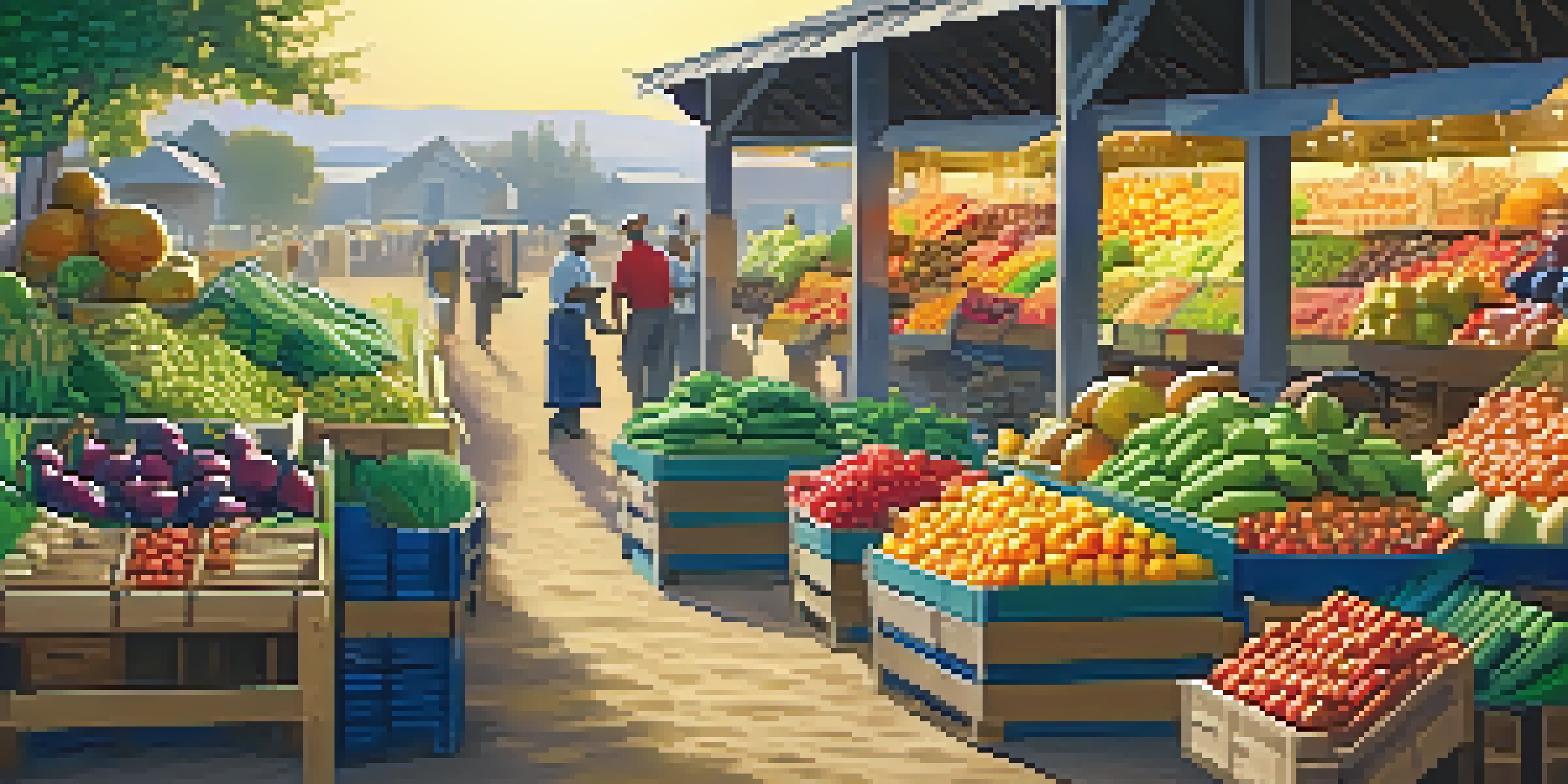 A farmer's market at sunrise with fresh fruits and vegetables displayed in wooden stalls, illuminated by soft golden light.