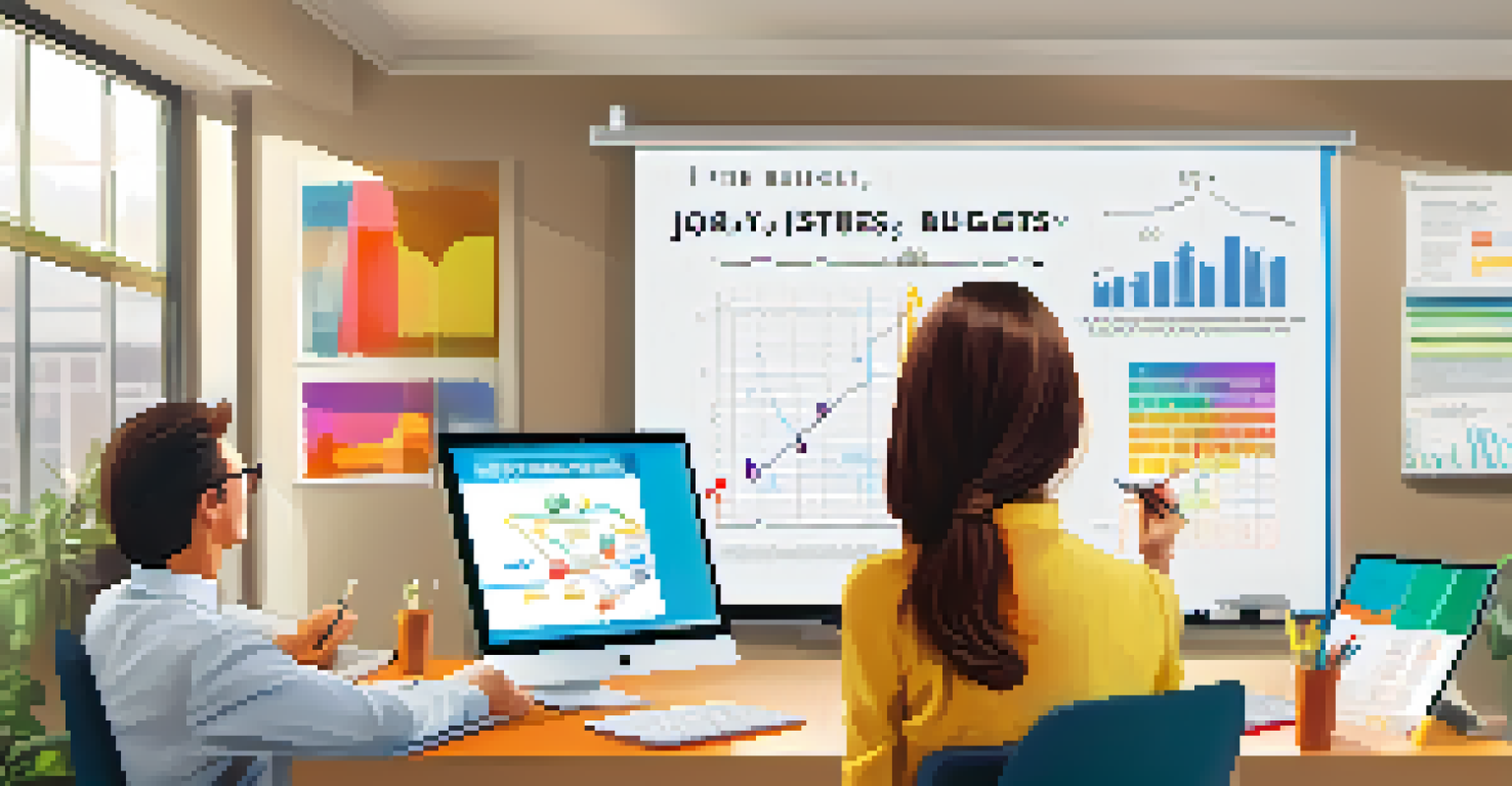 A couple brainstorming their joint budget on a whiteboard with colorful charts in a modern home office.
