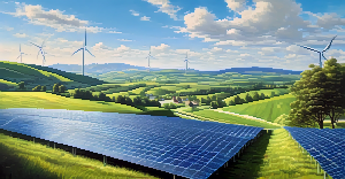 A landscape showing a solar farm with solar panels in green fields and wind turbines in the background under a clear blue sky.