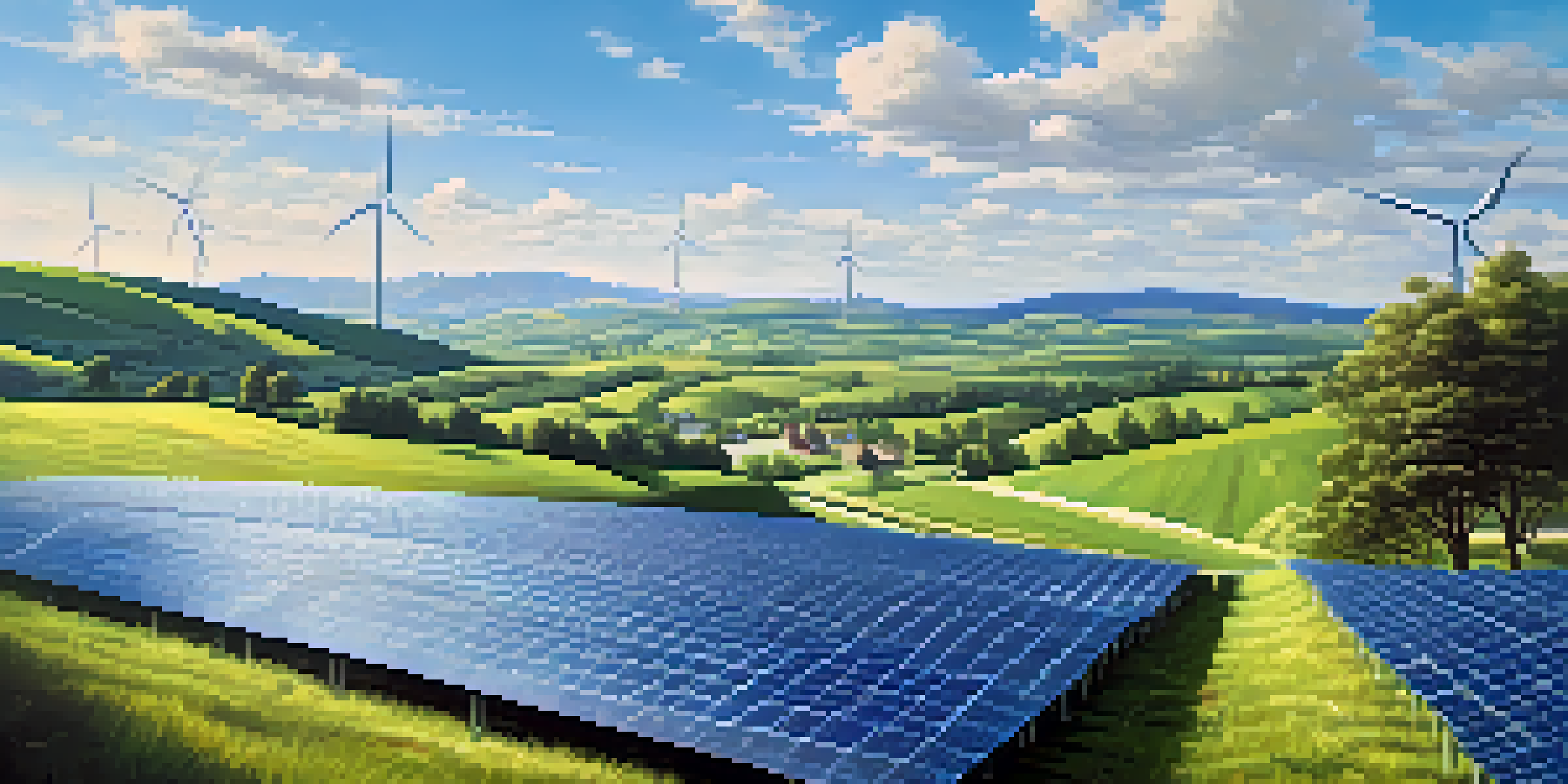 A landscape showing a solar farm with solar panels in green fields and wind turbines in the background under a clear blue sky.