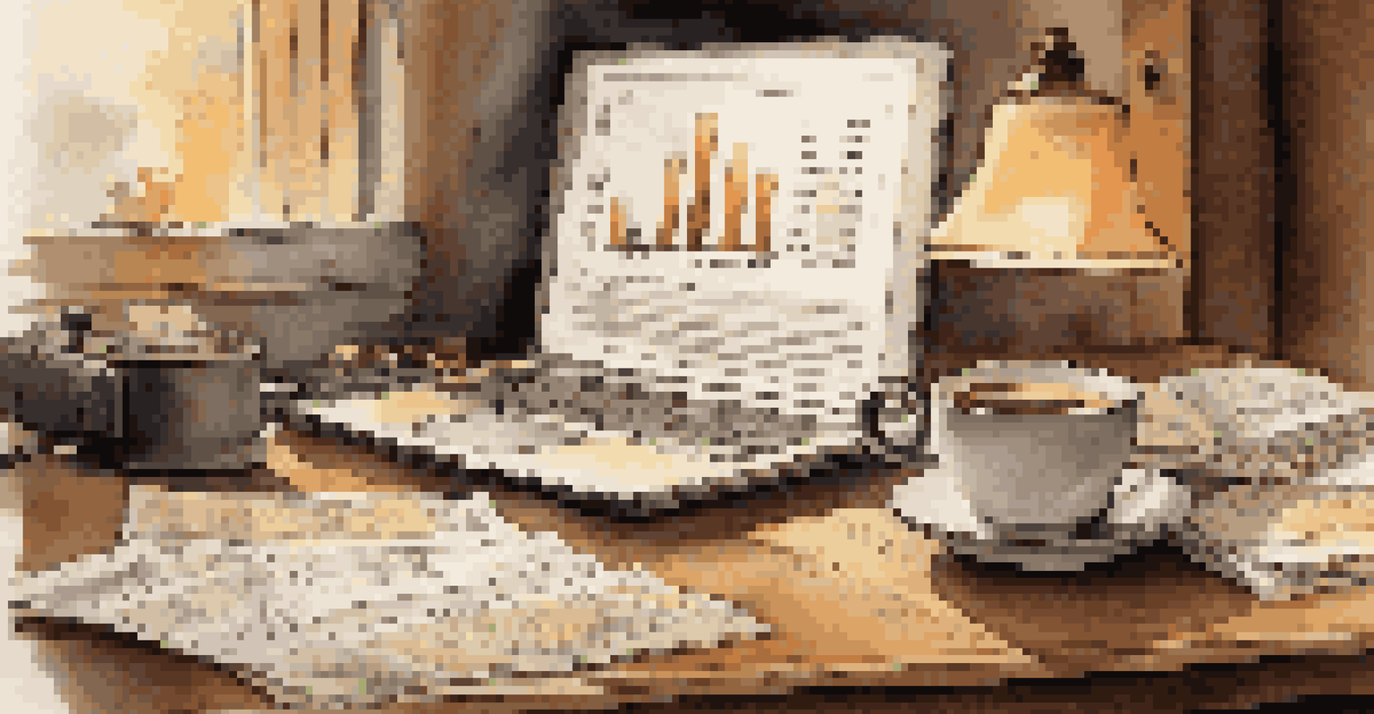 A close-up of a wooden desk with financial documents, a laptop, and a cup of coffee.