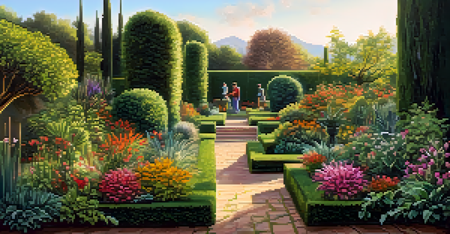A vibrant garden with various plants of different heights and a gardener pruning them, illustrating the concept of rebalancing an investment portfolio.