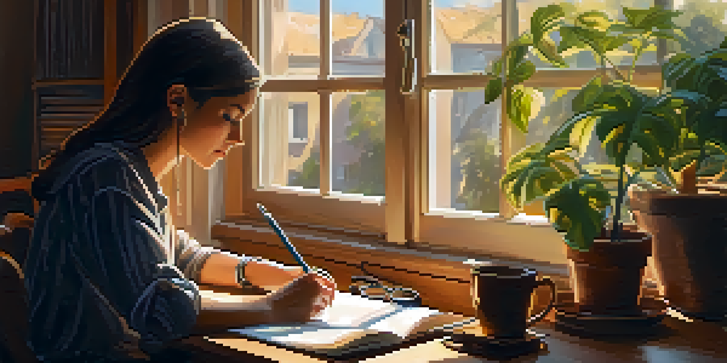 A person at a wooden desk writing financial goals in a notebook, with plants around and sunlight streaming through a window.