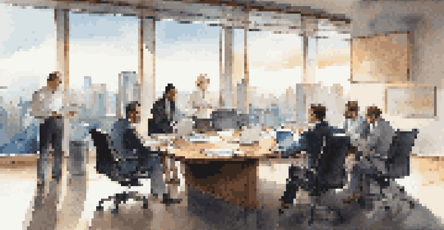 A boardroom with professionals reviewing documents and city views through large windows.