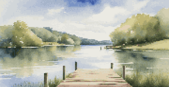 A tranquil lake scene with green hills and a wooden dock under a blue sky.