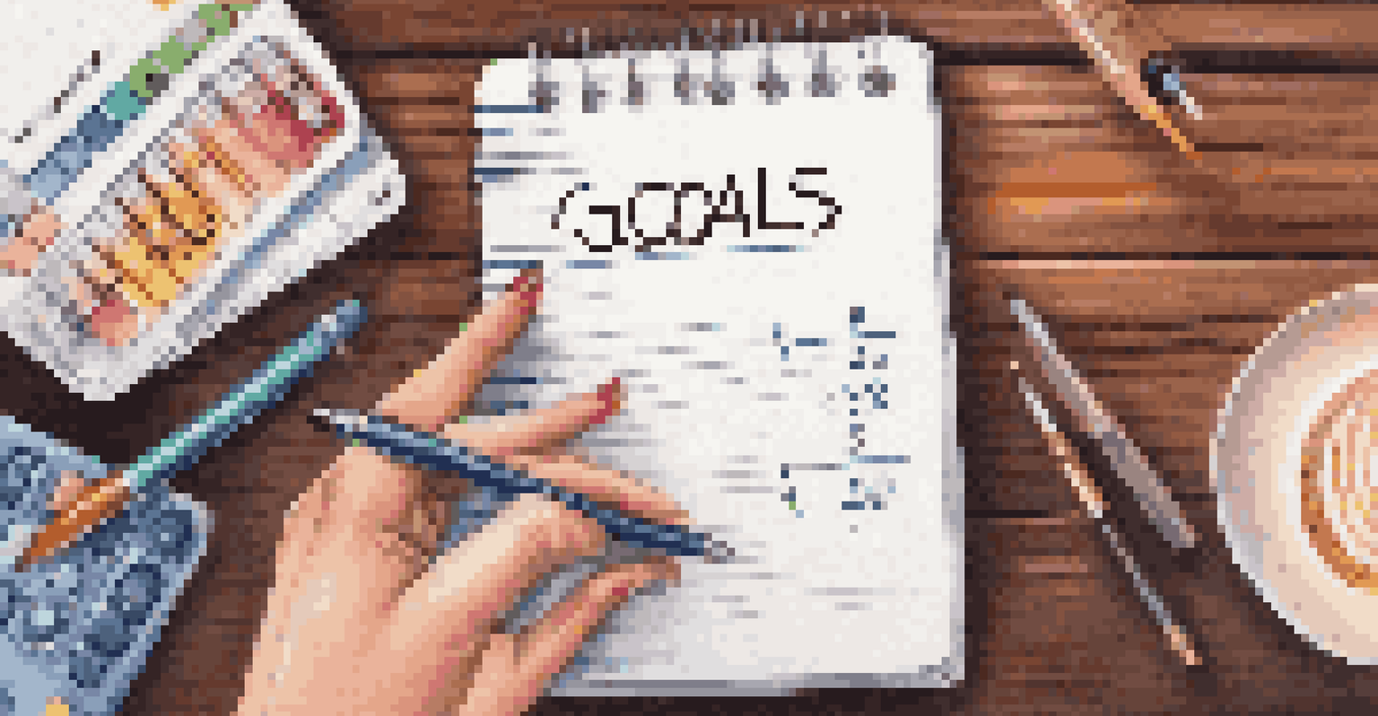 A close-up of a hand writing financial goals in a notebook with colorful pens and a calculator on a wooden desk.