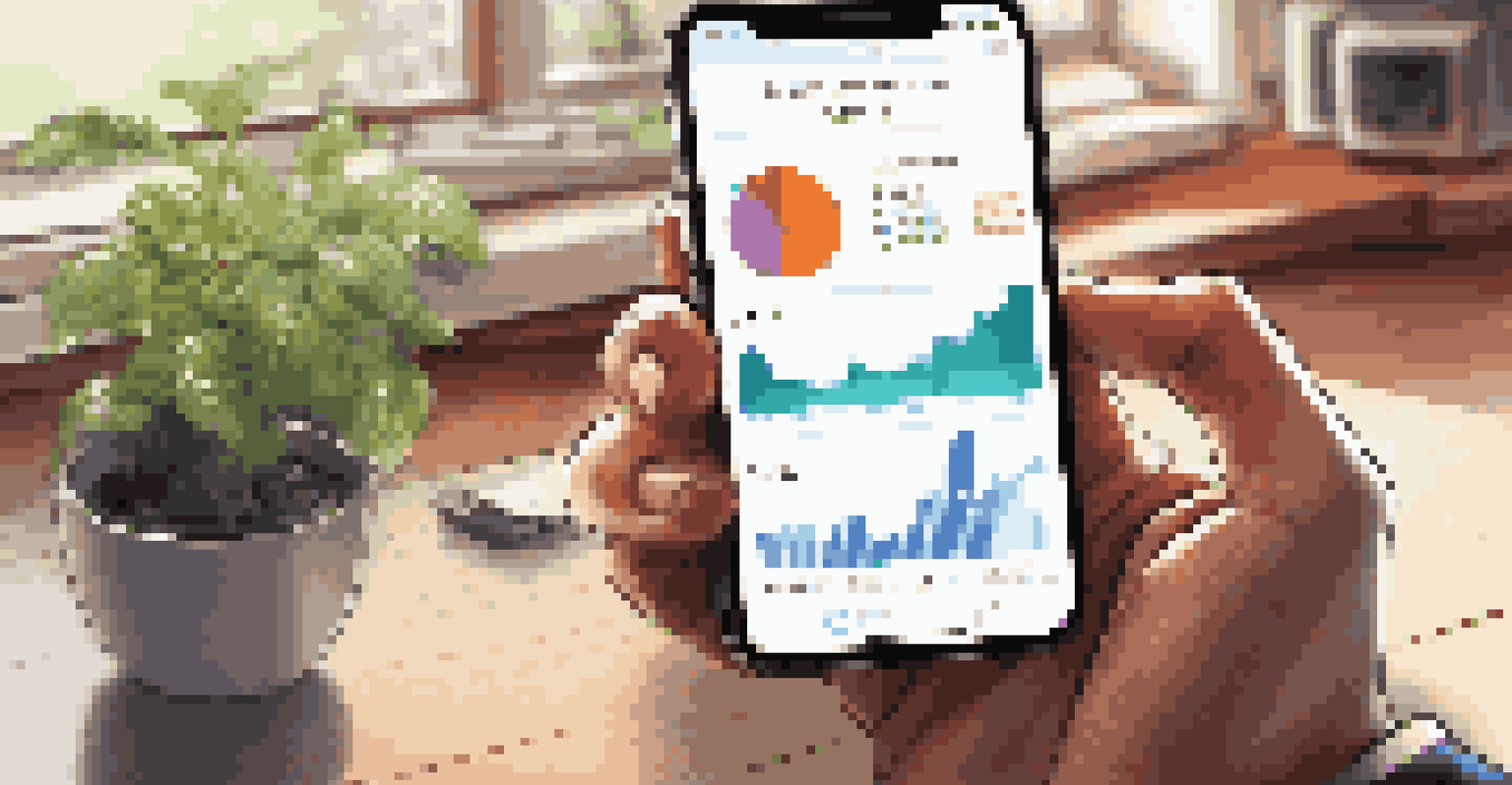 A close-up of a hand holding a smartphone with a stock trading app showing ETF data, in a warm home office setting.