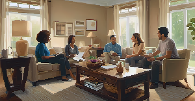 A diverse family sitting together in a cozy living room, discussing estate planning with documents on a table.
