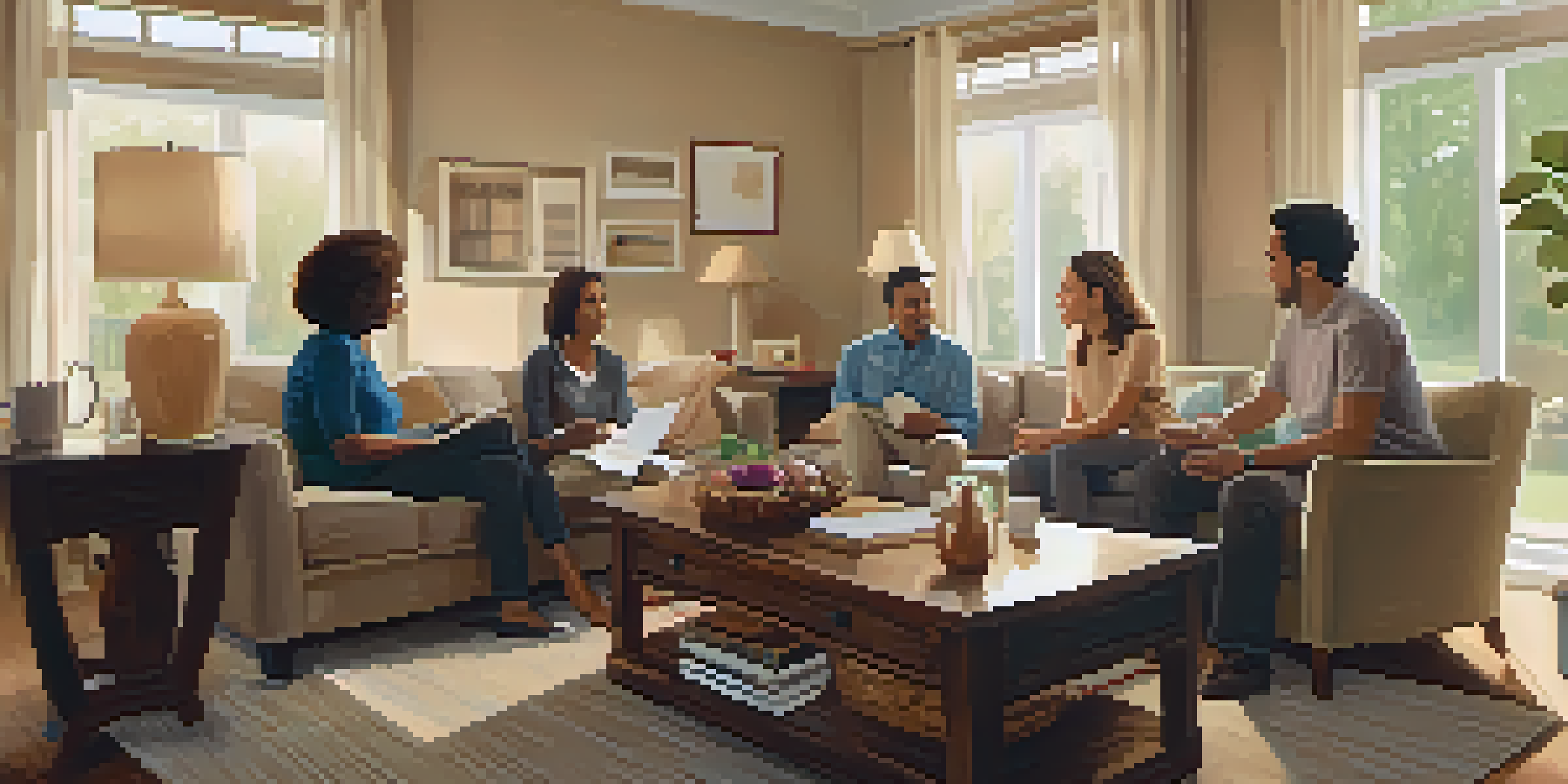 A diverse family sitting together in a cozy living room, discussing estate planning with documents on a table.