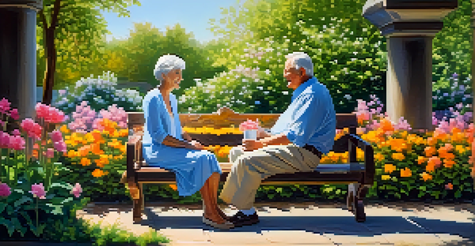An elderly couple sitting on a bench in a colorful garden, enjoying their retirement together.