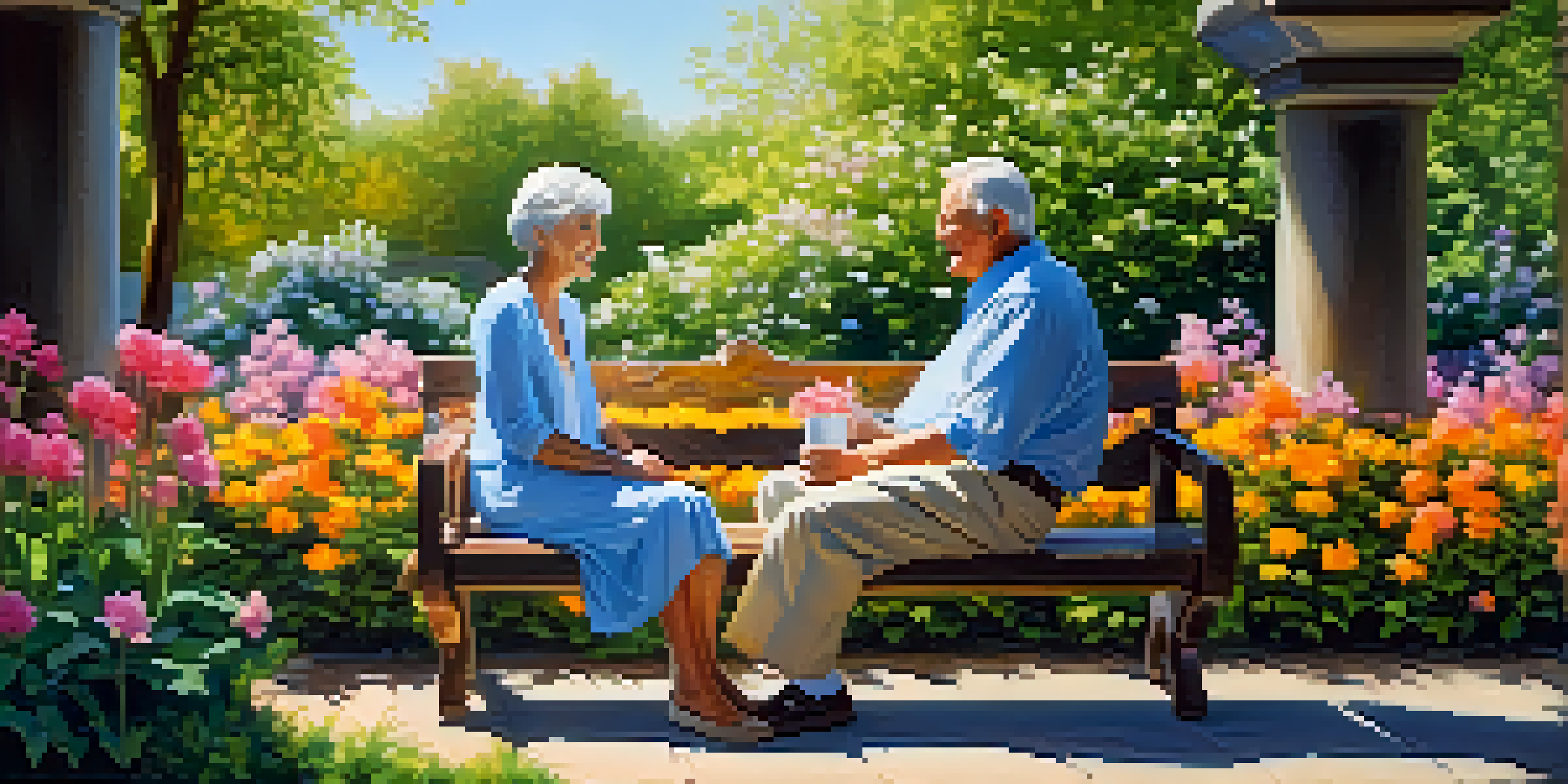 An elderly couple sitting on a bench in a colorful garden, enjoying their retirement together.