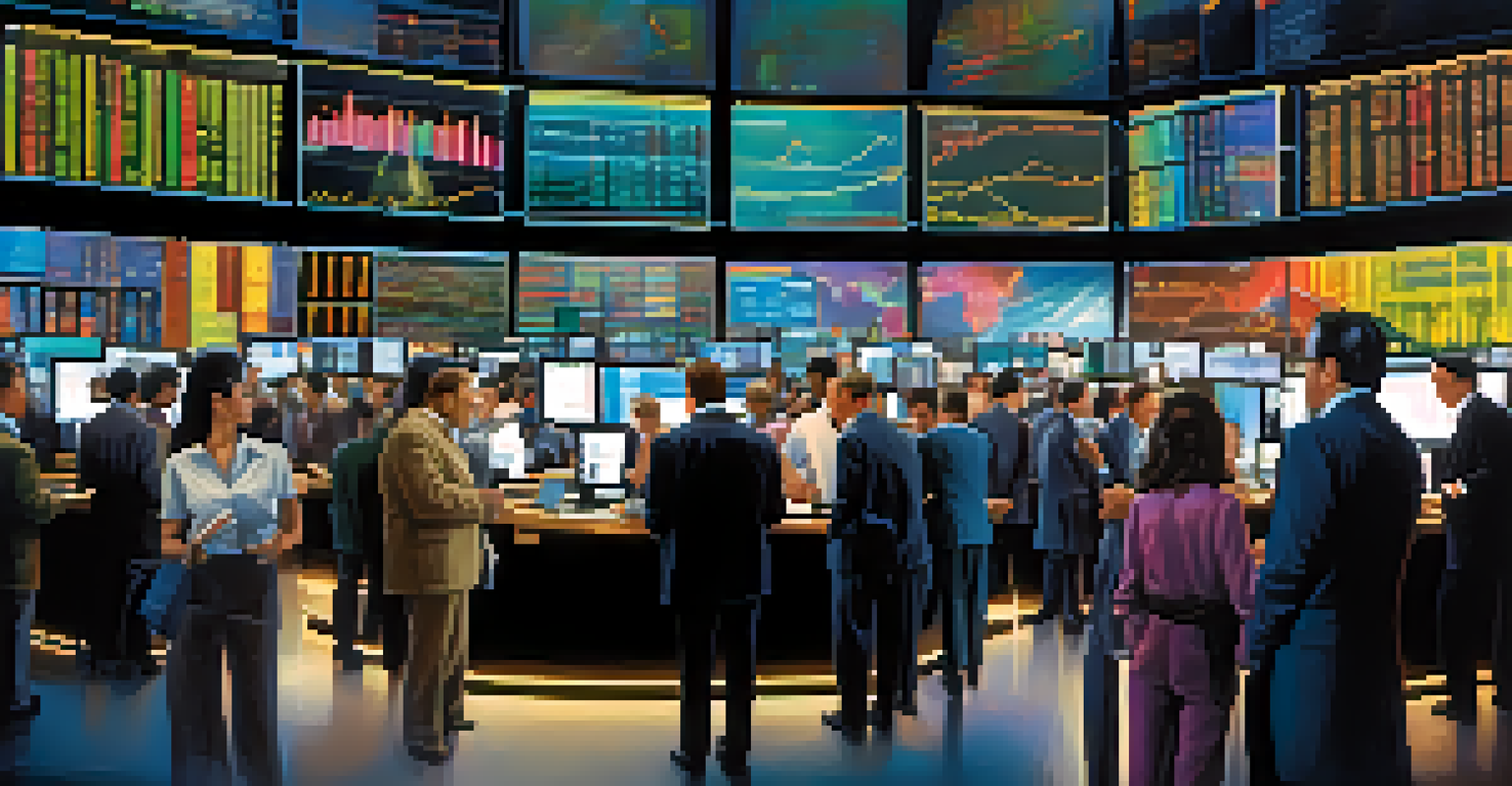 Traders in a financial district surrounded by screens displaying stock prices.