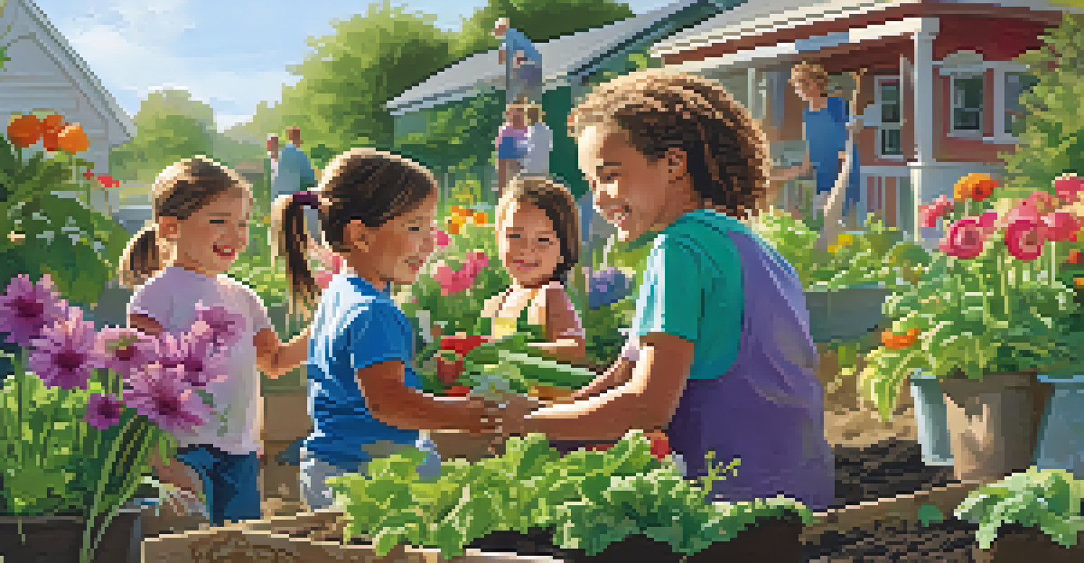 A family volunteering in a community garden, planting flowers and vegetables with smiles and bright sunlight in a vibrant scene.