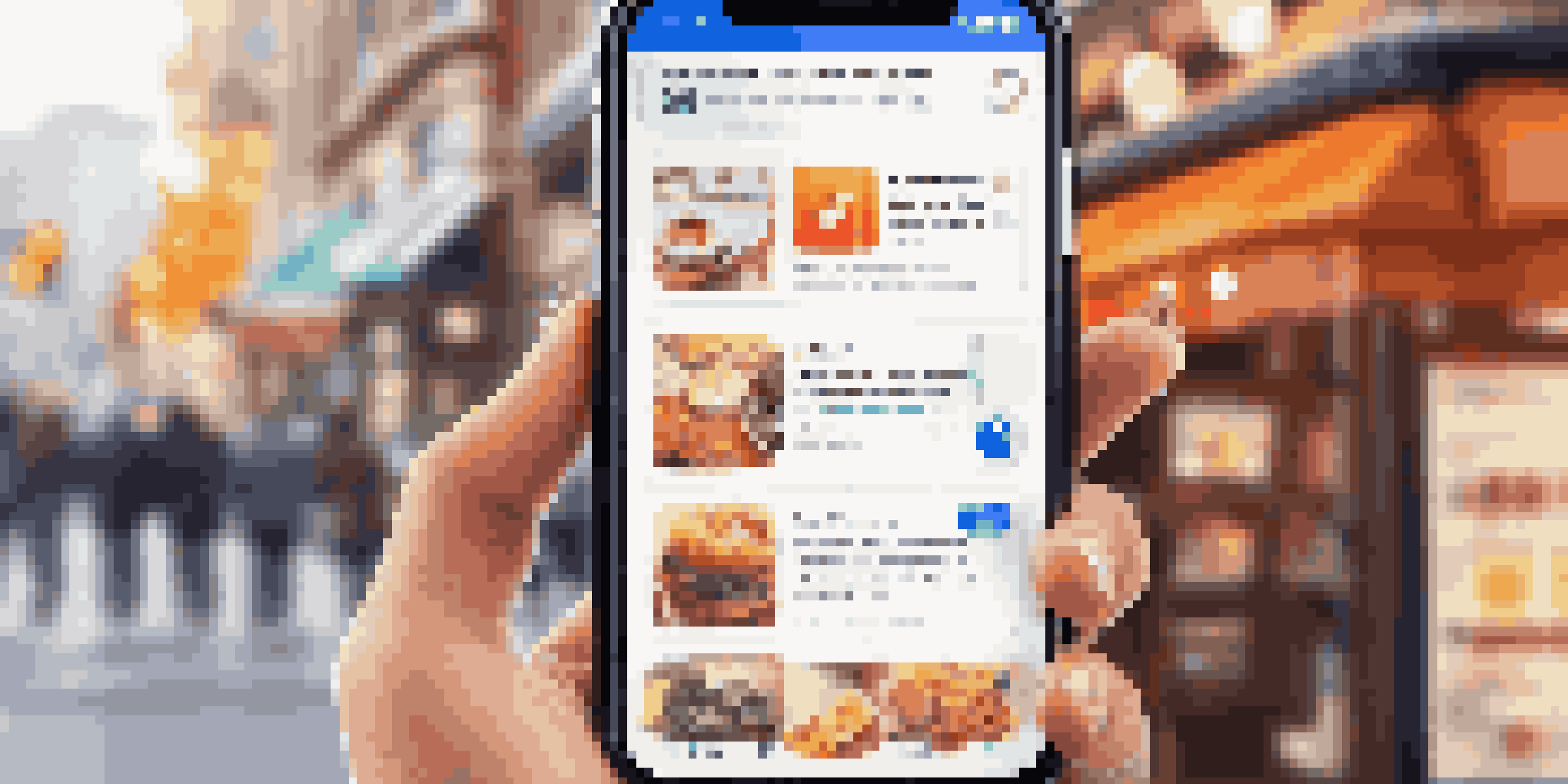 A smartphone displaying engaging finance-related social media posts in a café setting.
