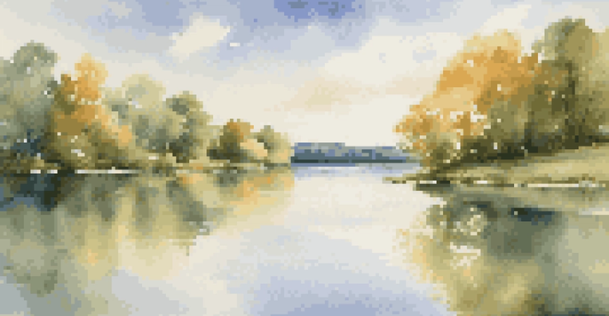 A peaceful lake surrounded by green trees under a blue sky with clouds, illuminated by golden sunlight.