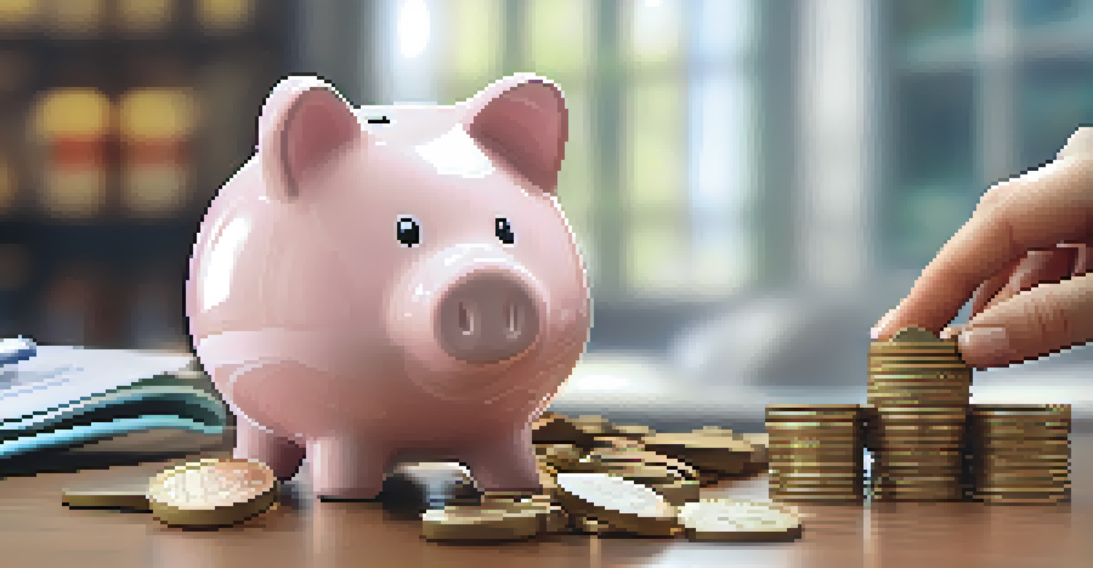 A close-up of a hand with a piggy bank, with medical bills and a stethoscope in the background.