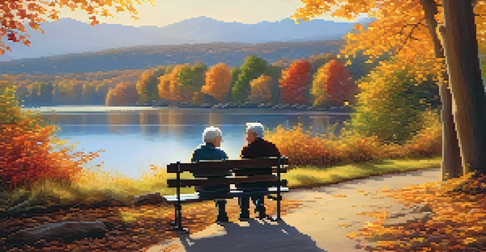 A retired couple sitting on a park bench in autumn, surrounded by colorful leaves and a peaceful lake in the background.