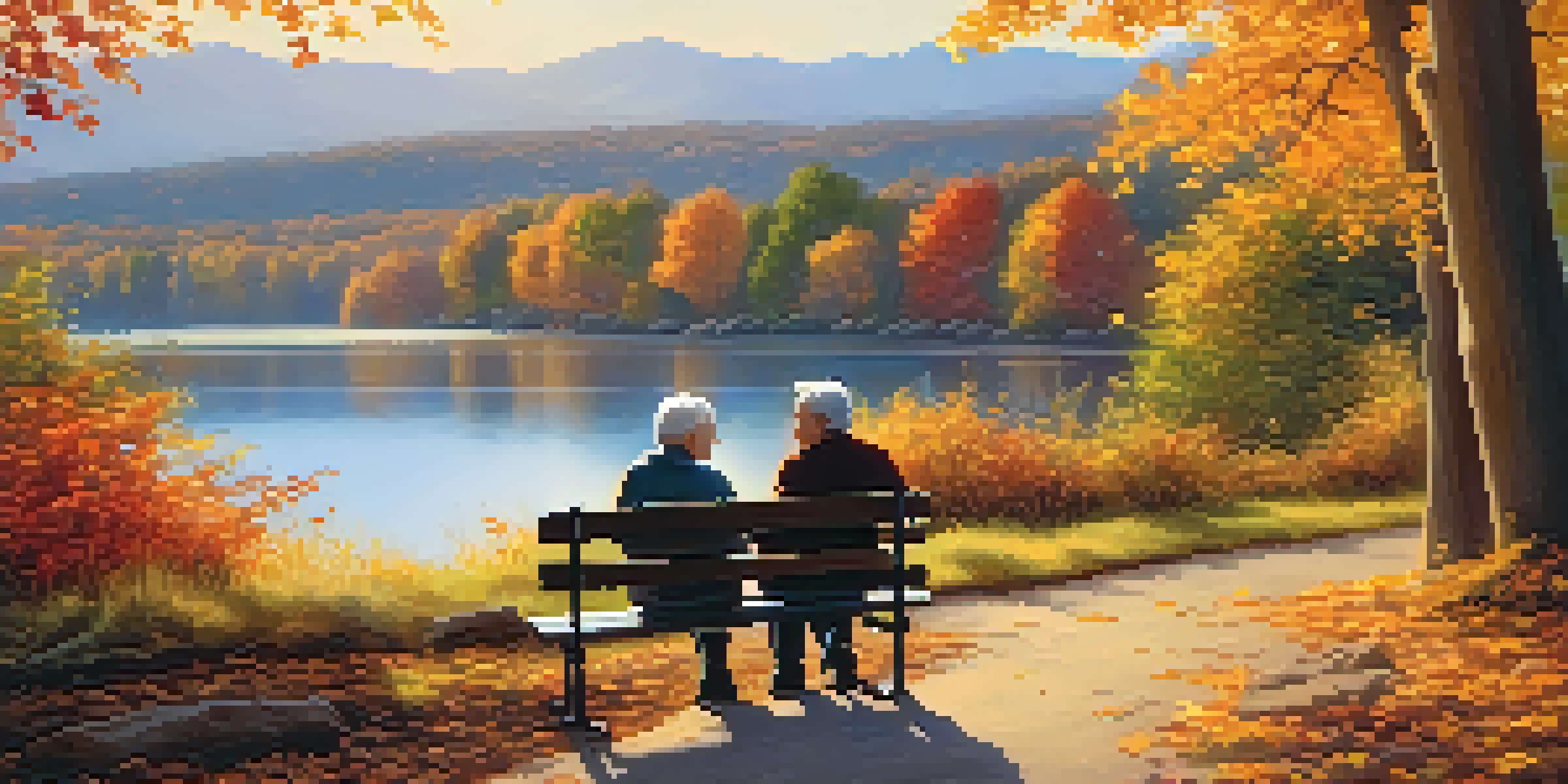 A retired couple sitting on a park bench in autumn, surrounded by colorful leaves and a peaceful lake in the background.