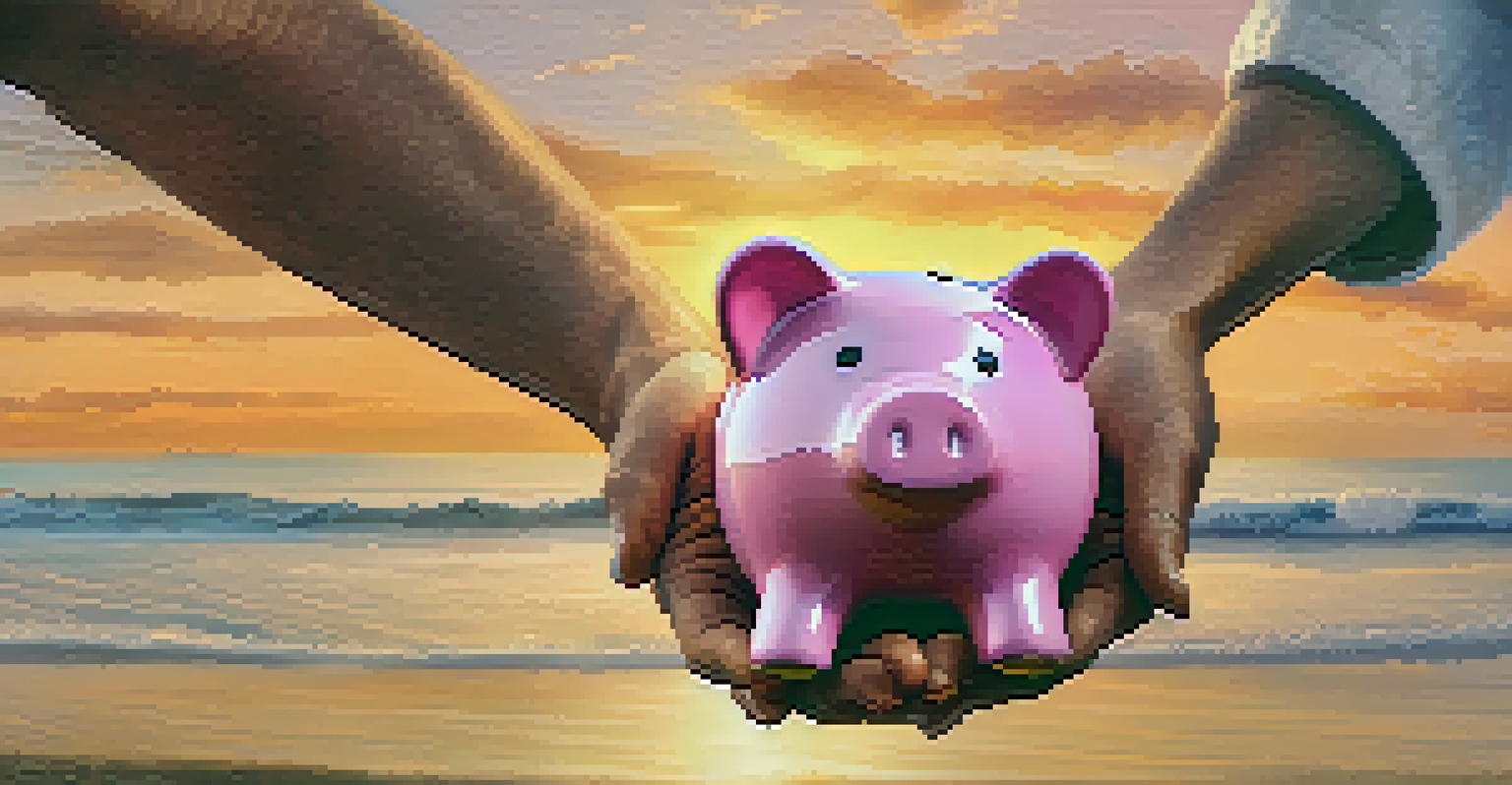 Hands holding a piggy bank with a serene retirement scene in the background, symbolizing insurance as a source of income.
