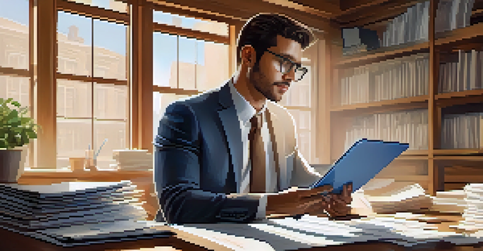 A business professional studying financial graphs on a tablet, with documents and a laptop on a wooden desk, illuminated by natural light.