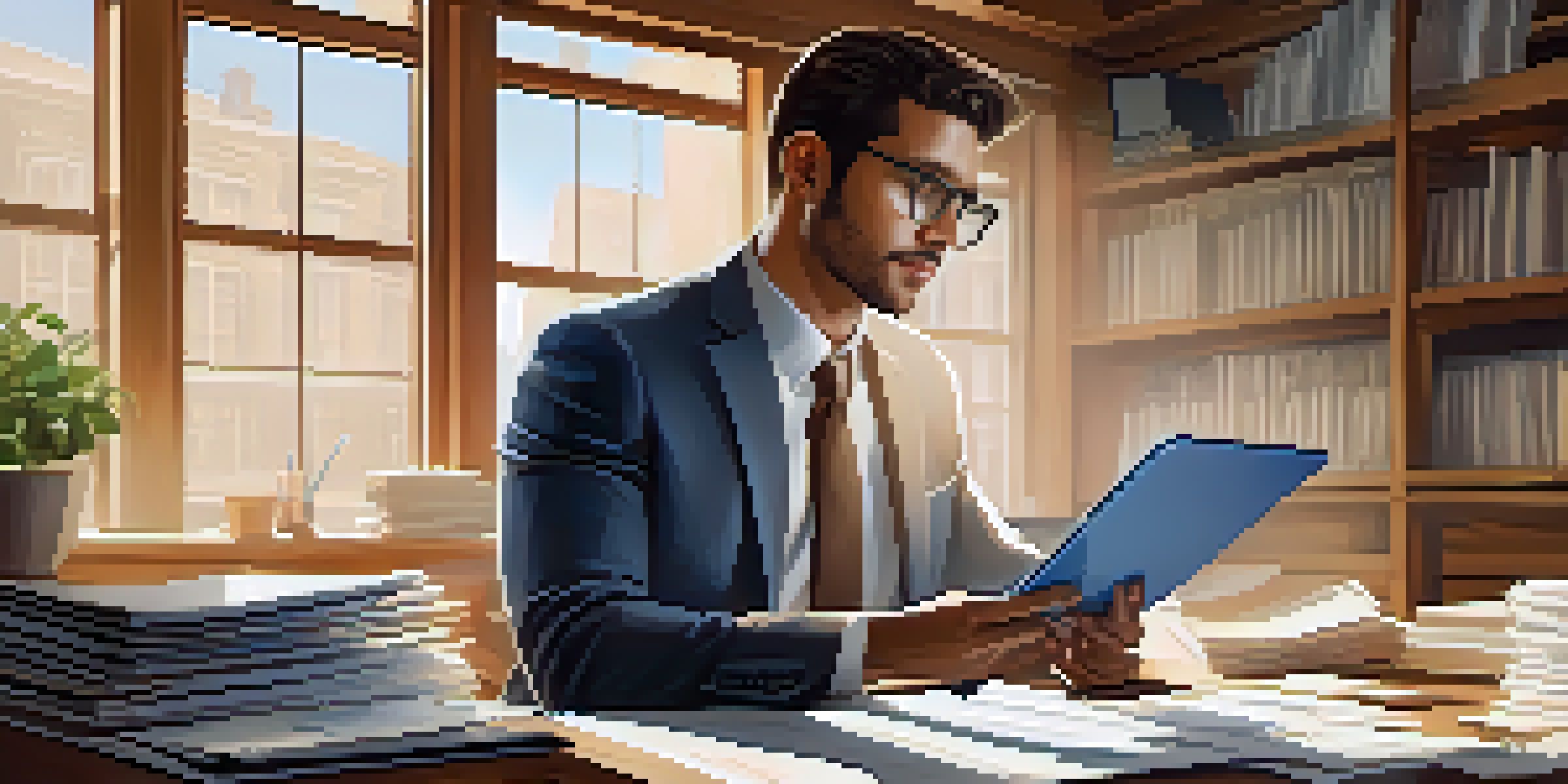 A business professional studying financial graphs on a tablet, with documents and a laptop on a wooden desk, illuminated by natural light.