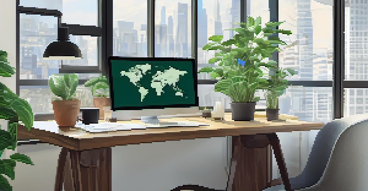 A modern workspace with dual monitors showing data analytics, a coffee cup, and a plant, illuminated by natural light.
