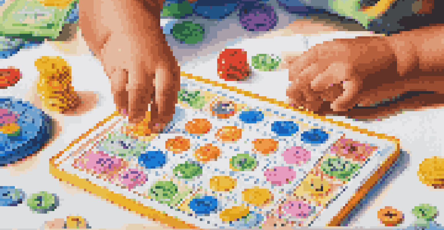 A child playing a budgeting game with colorful tokens and a game board on a cheerful table.