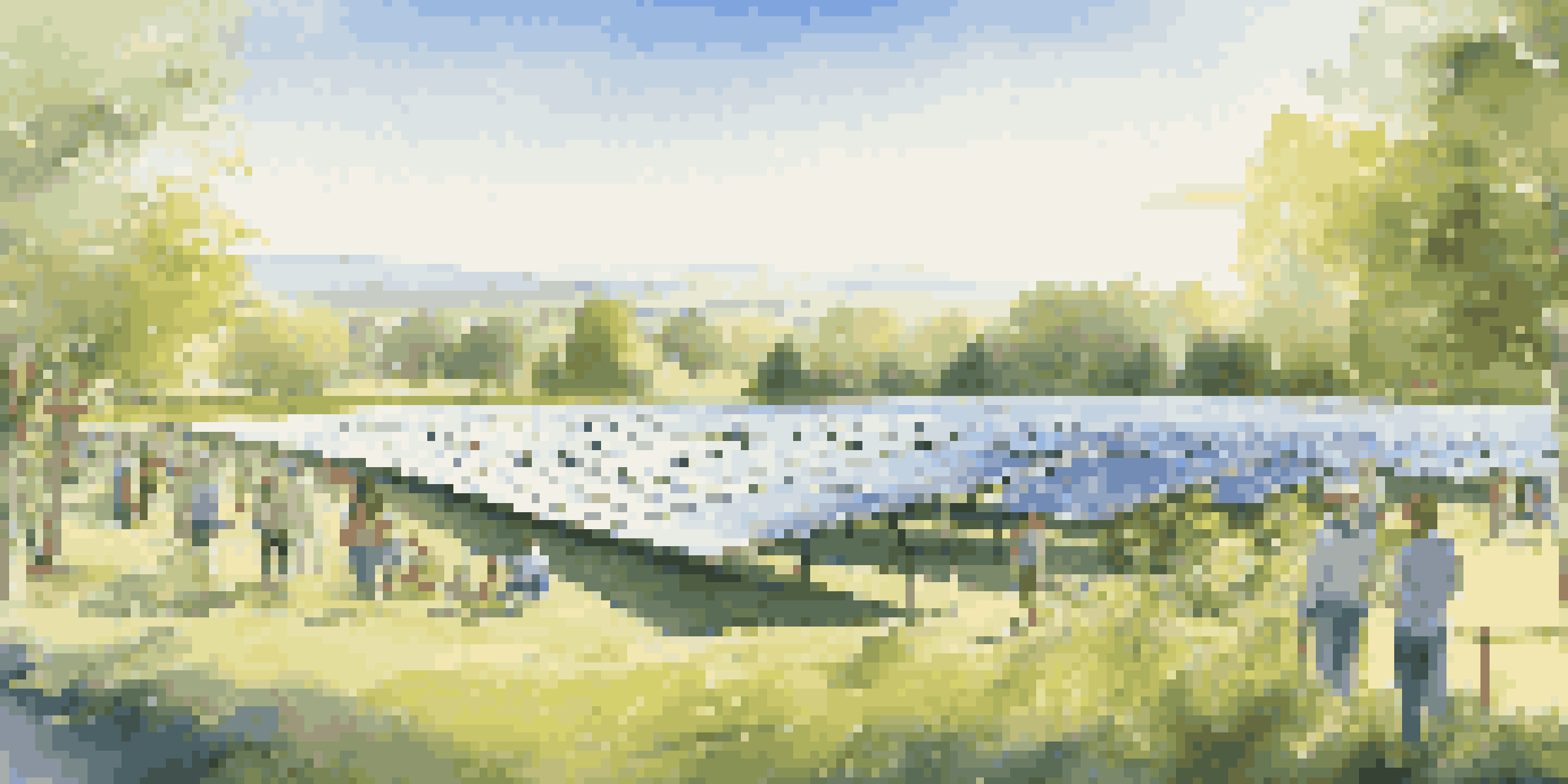 A solar farm with solar panels under a clear sky, surrounded by people planting trees and discussing renewable energy.