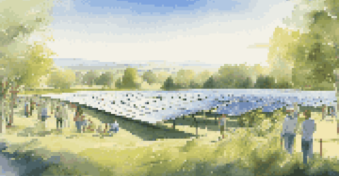 A solar farm with solar panels under a clear sky, surrounded by people planting trees and discussing renewable energy.