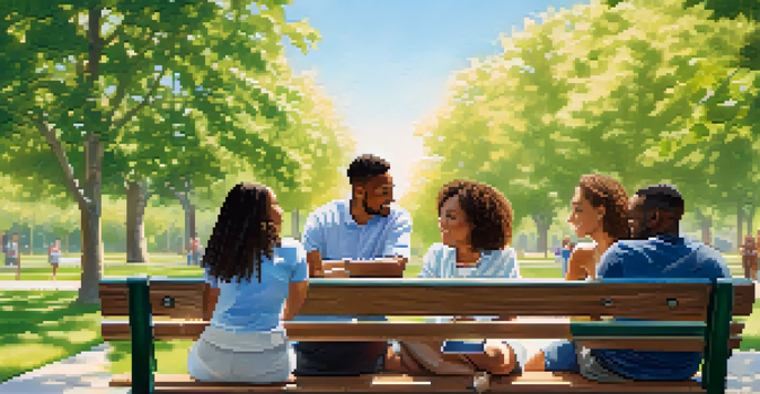 A diverse group of individuals discussing financial wellness in a park, surrounded by greenery and sunlight.