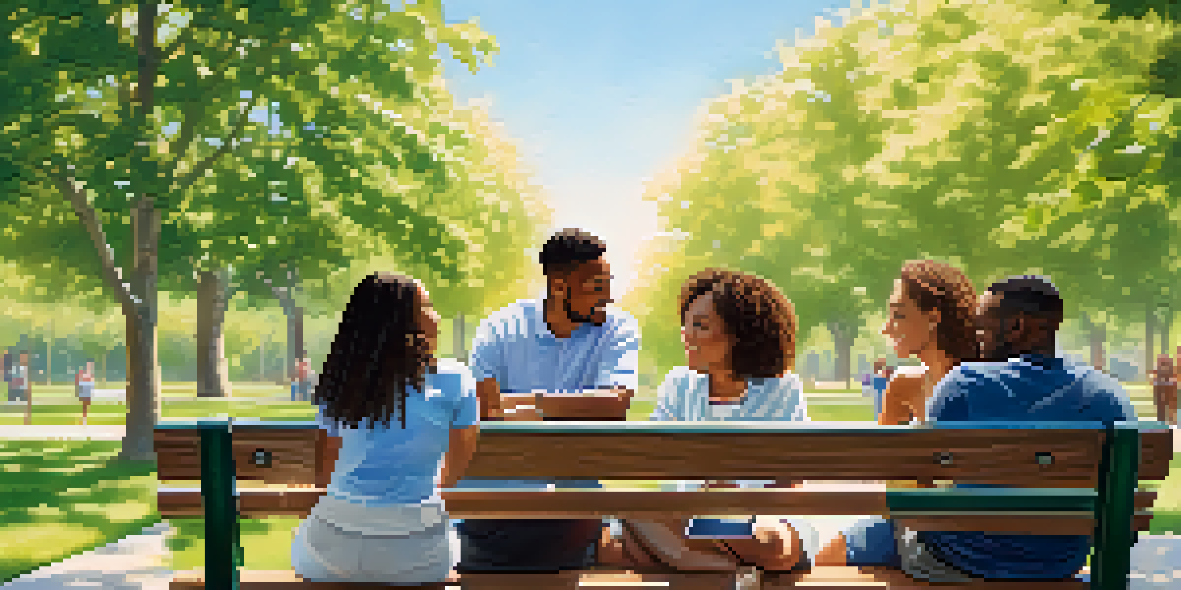 A diverse group of individuals discussing financial wellness in a park, surrounded by greenery and sunlight.