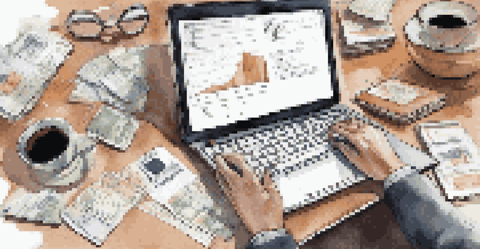 Close-up of hands typing on a laptop with financial documents and a coffee cup on a desk.